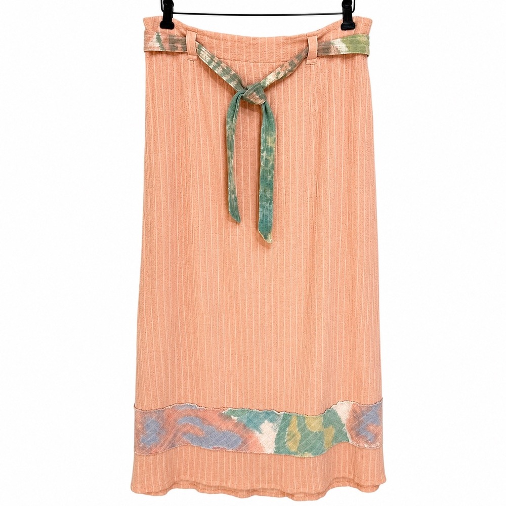 Winter Sun Peach Textured Maxi Skirt Boho Tie Dye Trim Slit Womens Medium Cotton